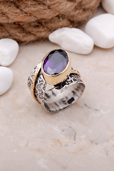 Sümer Telkari Ametist Taşlı Çekiç Dövme Elişi Gümüş Yüzük 3321