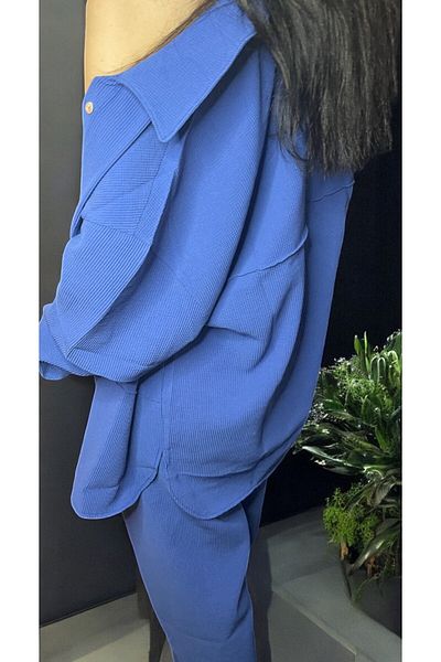 Flow Mi̇sseale Size Elastic, Corded Fabric, Pocket Detailed Shirt, Baggy Pants Set