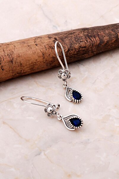 Sümer Telkari Telkari Işlemeli Elişi Gümüş Safir Küpe 5075