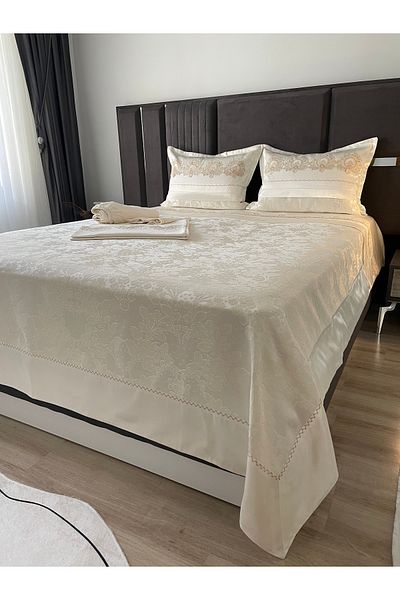 Sahra Çeyiz Nakış 7-Piece Laced Pique Duvet Cover Set - Ribbed, Cotton Satin Fabric, Double and Chenille Pique Set