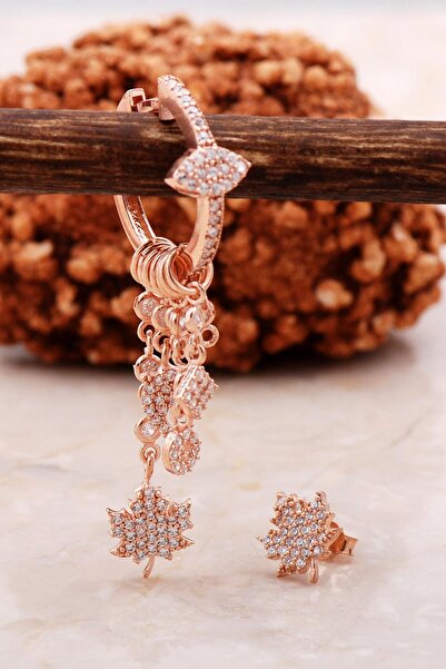 Sümer Telkari Çınar Yaprağı Rose Gümüş Kombin Şans Küpe 5476