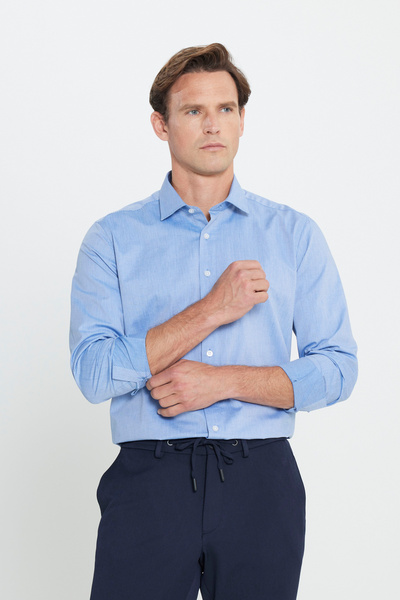 ALTINYILDIZ CLASSICS Erkek Mavi %100 Pamuk Slim Fit Dar Kesim Klasik Yaka Diagonal Desenli Gömlek