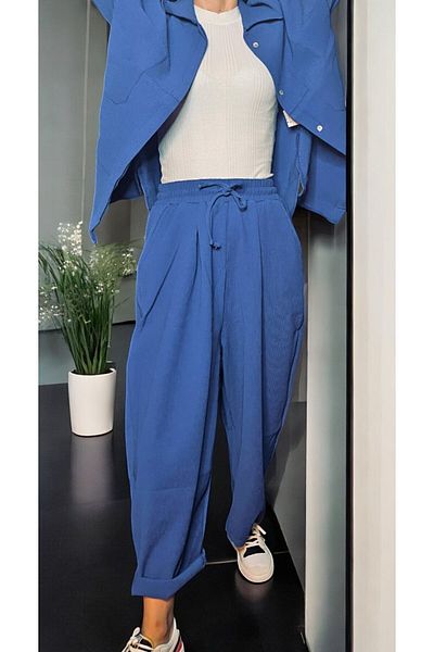 Flow Mi̇sseale Size Elastic, Corded Fabric, Pocket Detailed Shirt, Baggy Pants Set