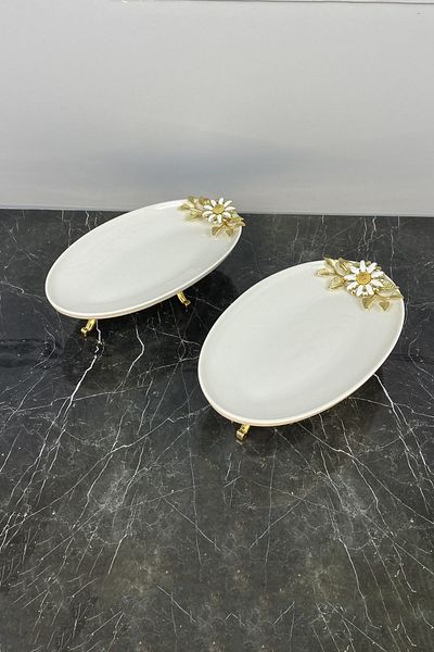 MAY HOME Papatya 2-Piece Oval Porcelain Presentation Plate & Footed Plate