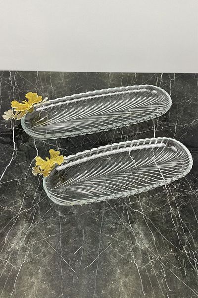 MAY HOME 2-Piece Boat Glass Plate Fruit Cookie Service Presentation Plate Gold Flower Detailed