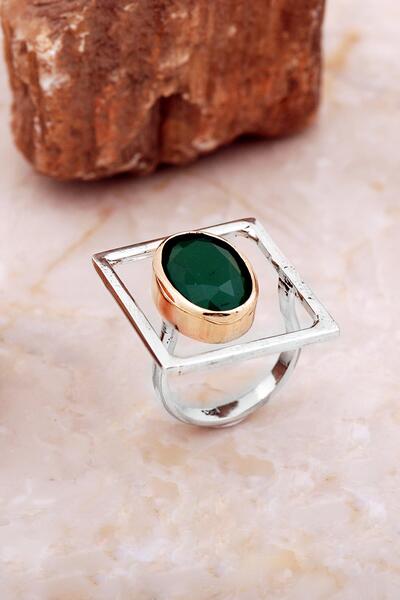 Sümer Telkari Kök Zümrüt Taşlı Tasarım Kare Gümüş Yüzük 5867