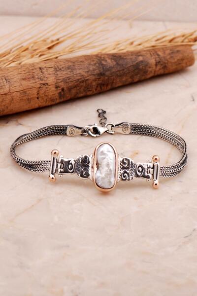 Sümer Telkari Doğal Sedef Elişi Tasarım Gümüş Bileklik 3449