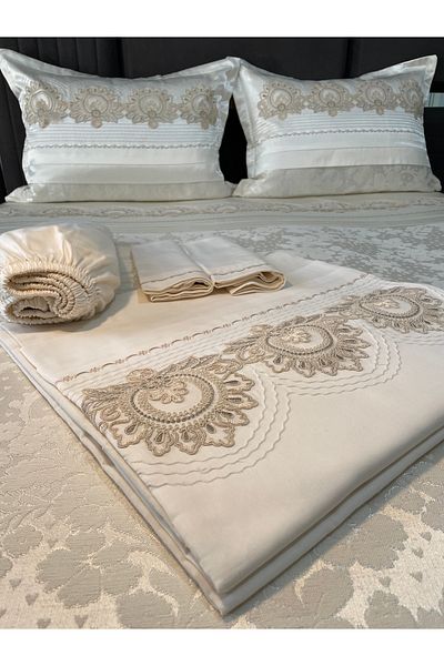 Sahra Çeyiz Nakış 7-Piece Laced Pique Duvet Cover Set - Ribbed, Cotton Satin Fabric, Double and Chenille Pique Set