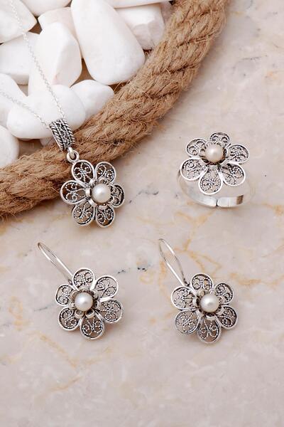 Sümer Telkari İncili Papatya Telkari Elişi Gümüş Set 2553