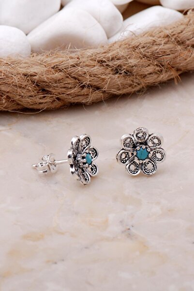 Sümer Telkari Turkuaz Taşlı Çiçekli Telkari Elişi Gümüş Küpe 5797