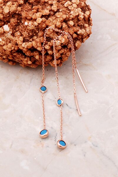 Sümer Telkari Turkuaz Taşlı Rose Gümüş Zincir Küpe 5212