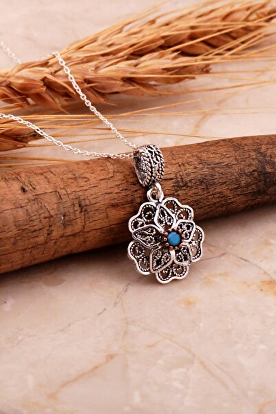 Sümer Telkari Turkuaz Telkari İşlemeli Gümüş Çiçek Kolye 7999