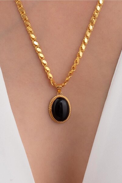 Bayar Gold 14 Ayar Altın Oval Onix Halep Kolye