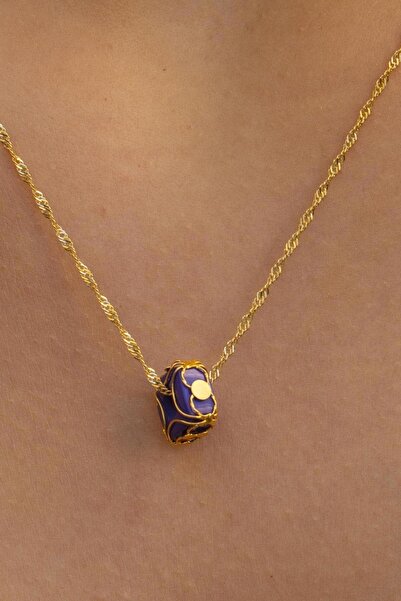 Bayar Gold Altın Lacivert Boncuklu Kafesli Singapur Kolye