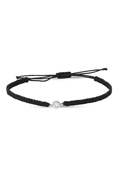 Altın Sepeti Gümüş Tek Taşlı Siyah İpli Bileklik