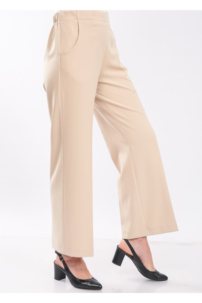 Famelin Stone Colored Wide Leg Trousers with Elastic Waist - 1570