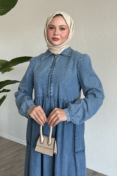 InStyle Rochie albastră din denim cu jumătate de fermoar, cu buzunare