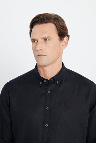 ALTINYILDIZ CLASSICS Чоловіча чорна сорочка Comfort Fit з комфортним кроєм, 100% льон, з ґудзиковим коміром