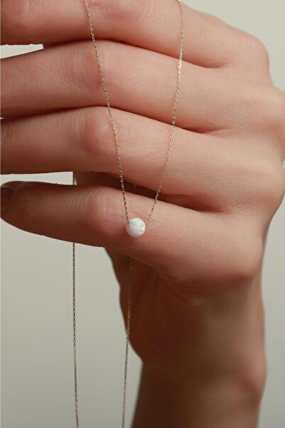 Bayar Gold 14 Ayar Altın Beyaz Opal Taşlı Kolye