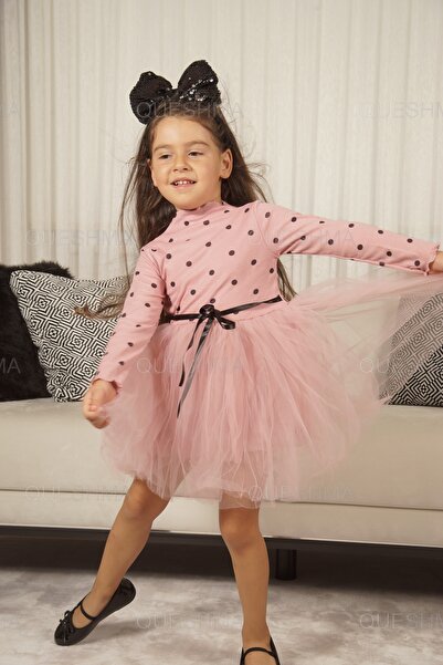 QUESHMA Kız Bebek Çocuk Prenses Kabarık Tütü Elbise Puantiyeli Uzun Kol Esnek Likralı Gül Kurusu Koyu Pembe