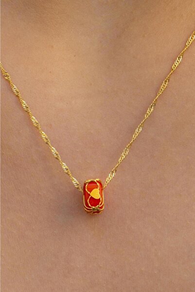 Bayar Gold Altın Turuncu Boncuklu Kafesli Singapur Kolye