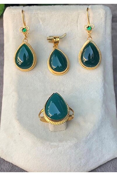 Bayar Gold 14 Ayar Altın Damla Model Yeşil Akik Set