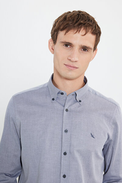 ALTINYILDIZ CLASSICS Men's Anthracite 100% Cotton Oxford Slim Fit Slim Fit Buttoned Lapel Diagonal Print Shirt