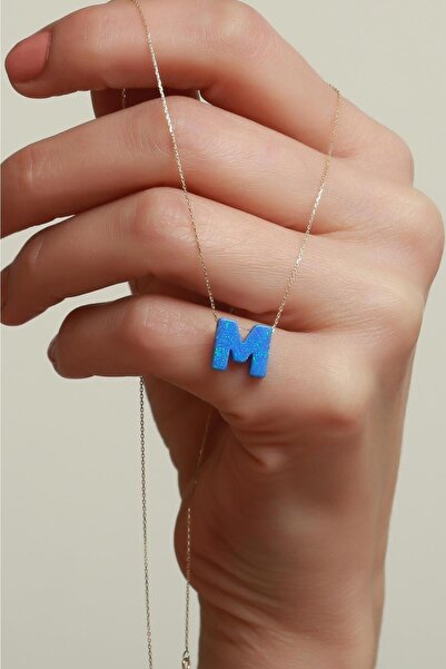 Bayar Gold 14 Ayar Altın Mavi Opal Taşlı M Harf Zincir Kolye