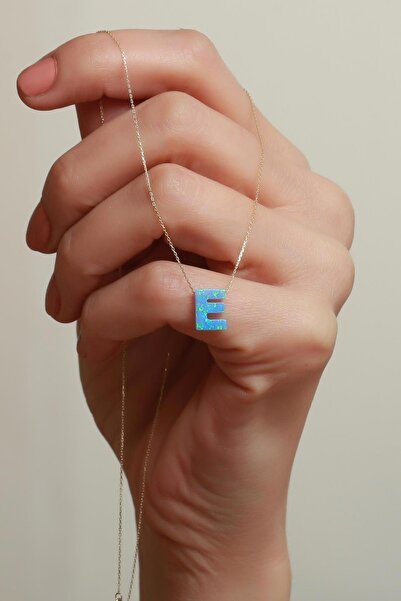 Bayar Gold 14 Ayar Altın E Harf Buz Mavisi Opal Taşlı Kolye