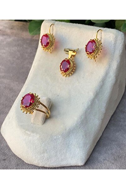 Bayar Gold 14 Ayar Altın Güneşli Model Kırmızı Yakut Set