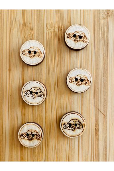 Kartopu Natural Wood Button with Burning Drawing Pattern 15 Mm. Pack of 6. Car.