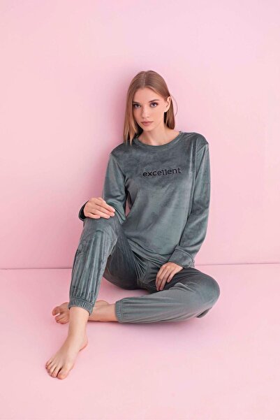 PİJAMERRY Women's Winter Crew Neck Velvet Pajama Set 3036Sy - 1 Piece