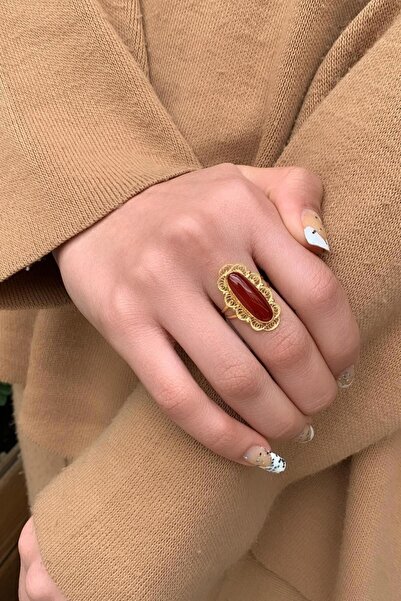 Bayar Gold 14 Ayar Altın Akik Taşlı Uzun Mekik Yüzük