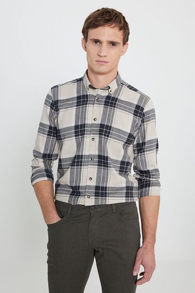 ALTINYILDIZ CLASSICS Ανδρικό καφέ-μπεζ βαμβακερό μαλλί Slim Fit Slim Fit καρό φανελένιο πουκάμισο
