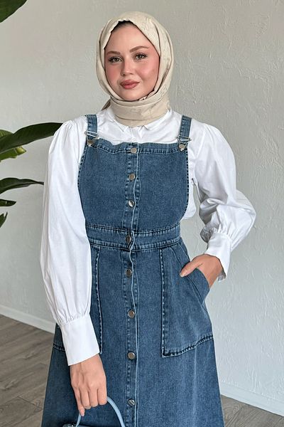 InStyle Buttoned Blue Denim Salopet with Pockets