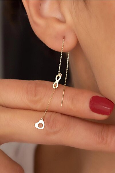 Bayar Gold 14 Ayar Altın Kalpli Sonsuzluk Zincir Küpe