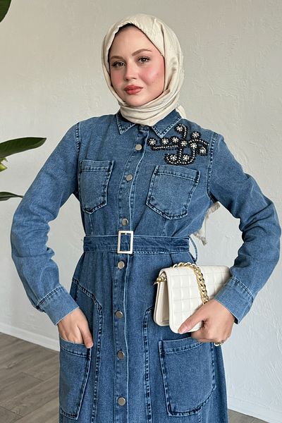 InStyle Rochie albastră din denim cu centură cu margele