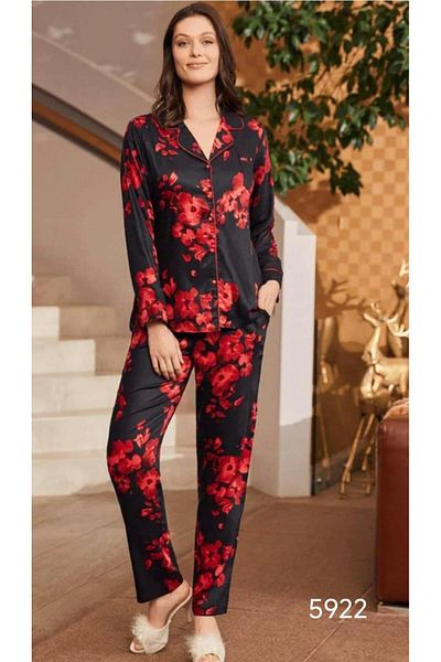 EM&FA TEKSTİL Floral Print Navy Blue Length Buttoned Women's Pajamas Set