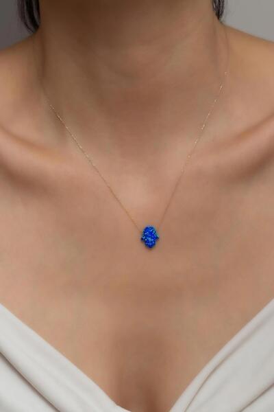 Bayar Gold 14 Ayar Altın Gökyüzü Mavisi Opal Taşlı Fatma Ana Eli Kolye