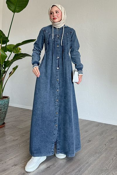 InStyle Rochie albastră din denim cu glugă și talie elastică