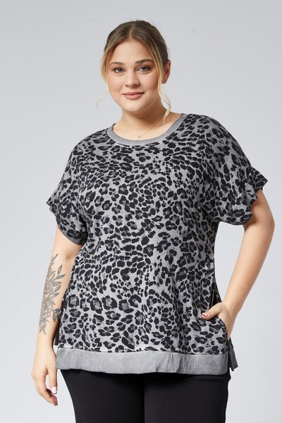 Seamoda Tricou gri cu imprimeu leopard cu fantă pentru confort sezonier - mân...