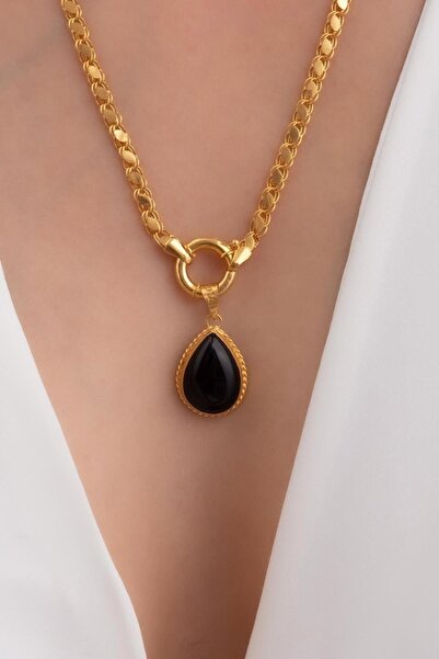 Bayar Gold 14 Ayar Altın Damla Onix Gemici Kilitli Pullu Halep Kolye