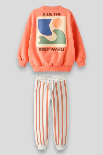 Magu Striped Landscape Pattern Winter Sweatshirt Tracksuit Bottom-Top Suit Boy