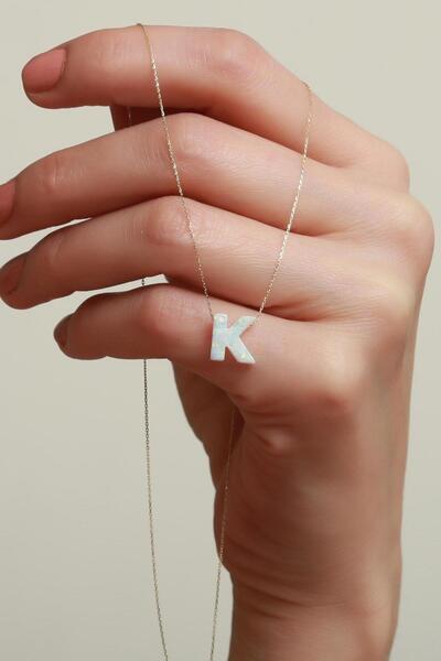 Bayar Gold 14 Ayar Altın K Harf Beyaz Opal Taşlı Kolye