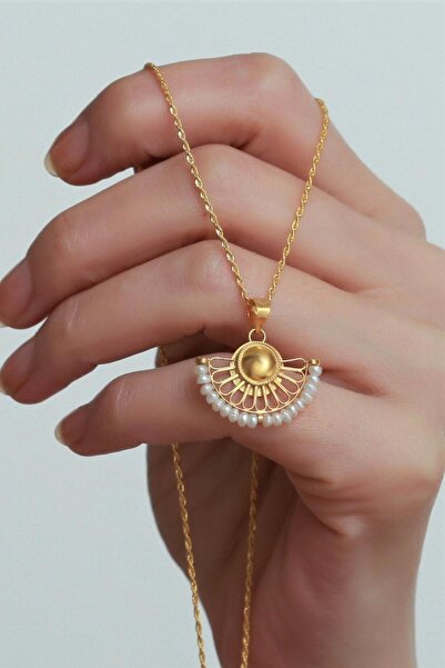 Bayar Gold Altın Beyaz İncili Yelpaze Halat Kolye