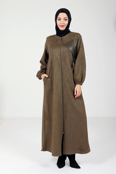 Beyza Χακί Χρώμα Winter Suede Ferace - με φερμουάρ και δερμάτινη λεπτομέρεια 3803