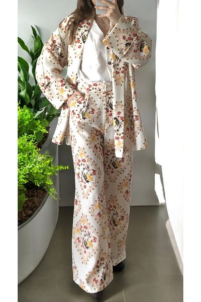 Flow Mi̇sseale Flower Patterned Palazzo Pants and Kimono Suit