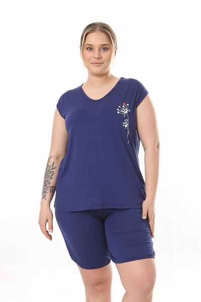 tarzımsüper Plus Size Navy Blue Curve Cotton Pajamas Set - Comfort Set with Double Shorts