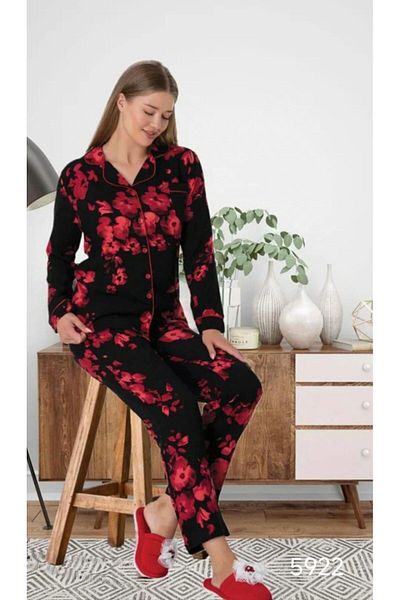 EM&FA TEKSTİL Floral Print Navy Blue Length Buttoned Women's Pajamas Set