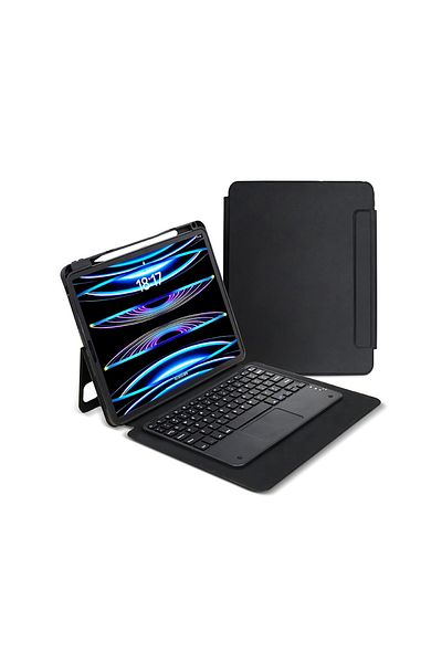 Zeyline iPad Pro 13 2024 Zore Border Keyboard حافظة تابلت متصلة بتقنية البلوتوث مع لوحة مفاتيح وحامل - أسود
